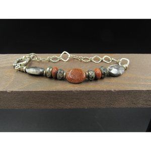 7" Sterling Silver Black Grey Black Stone Bracelet Vintage Elegant Beautiful